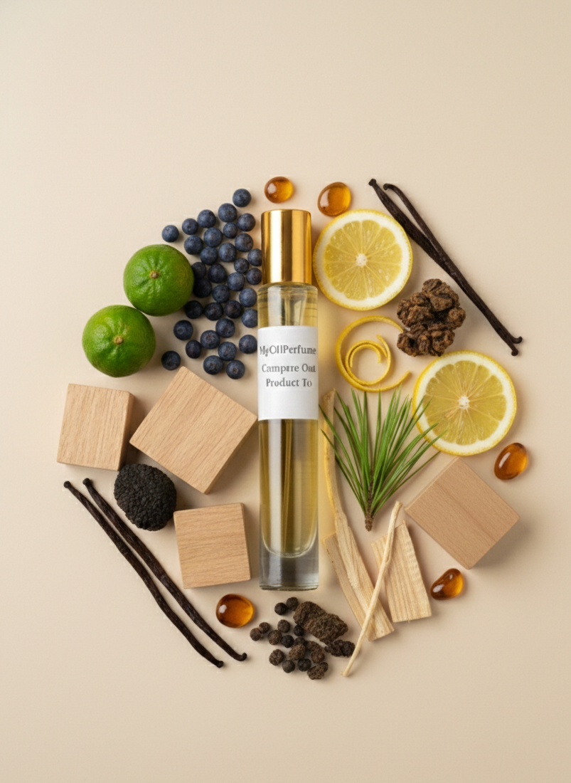 Essential oil bottle surrounded by lemons, berries, and other natural elements on a beige background