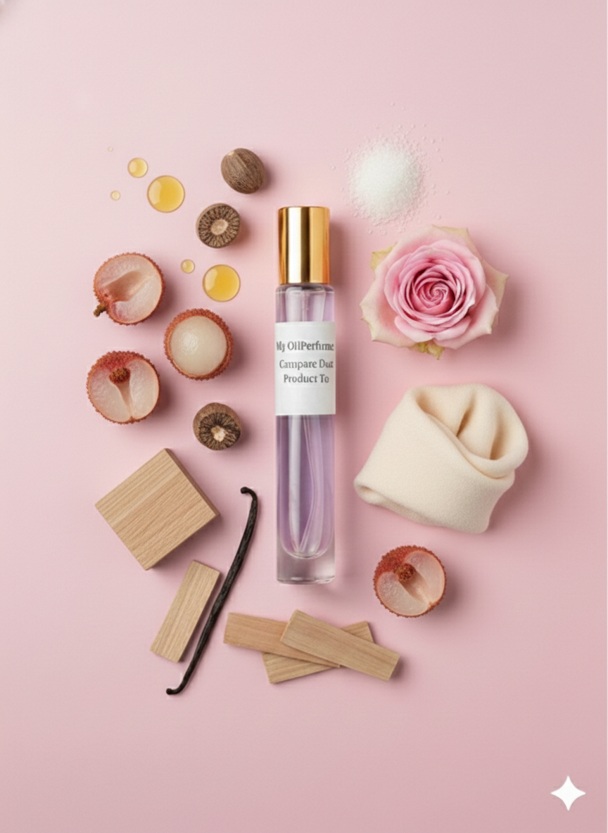 Perfume bottle with flowers and vanilla beans on a pink background