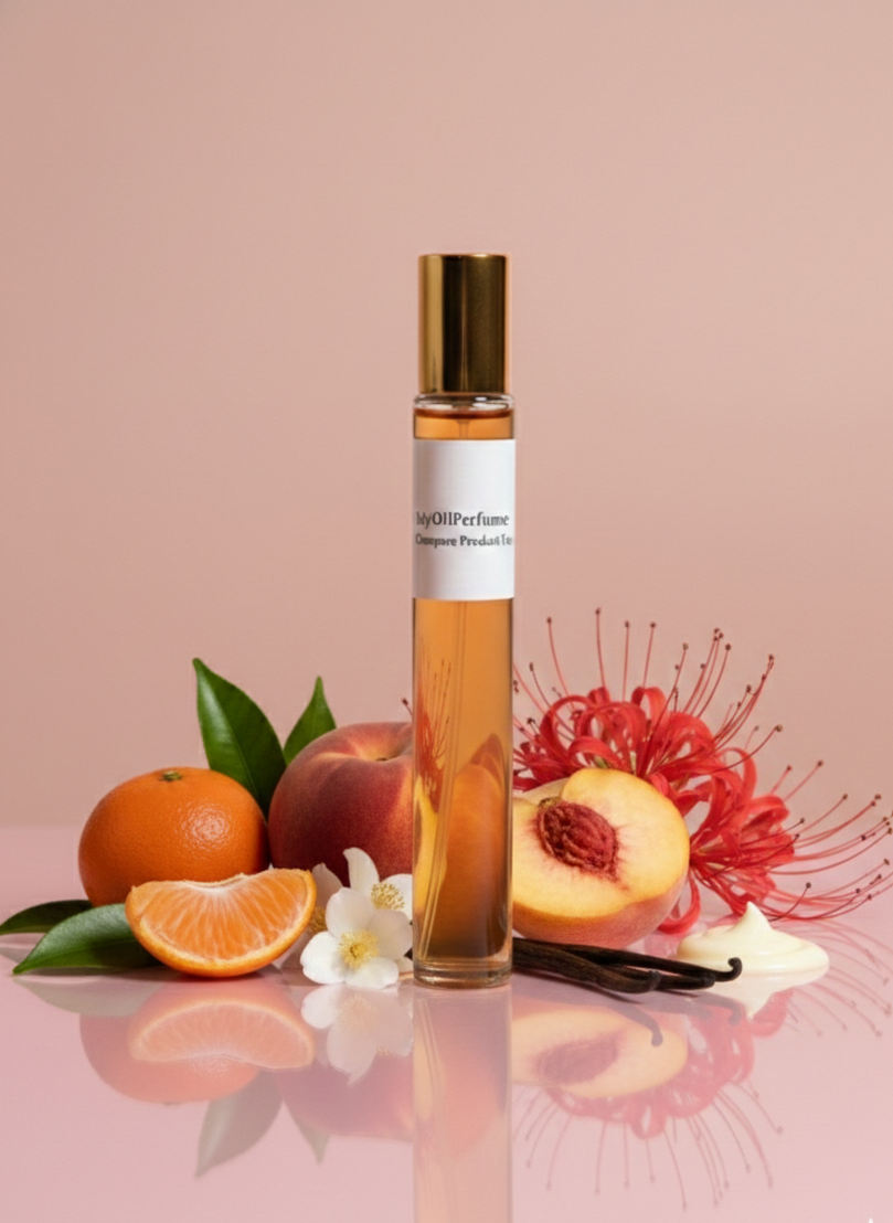 Perfume bottle with ingredients on a pink background