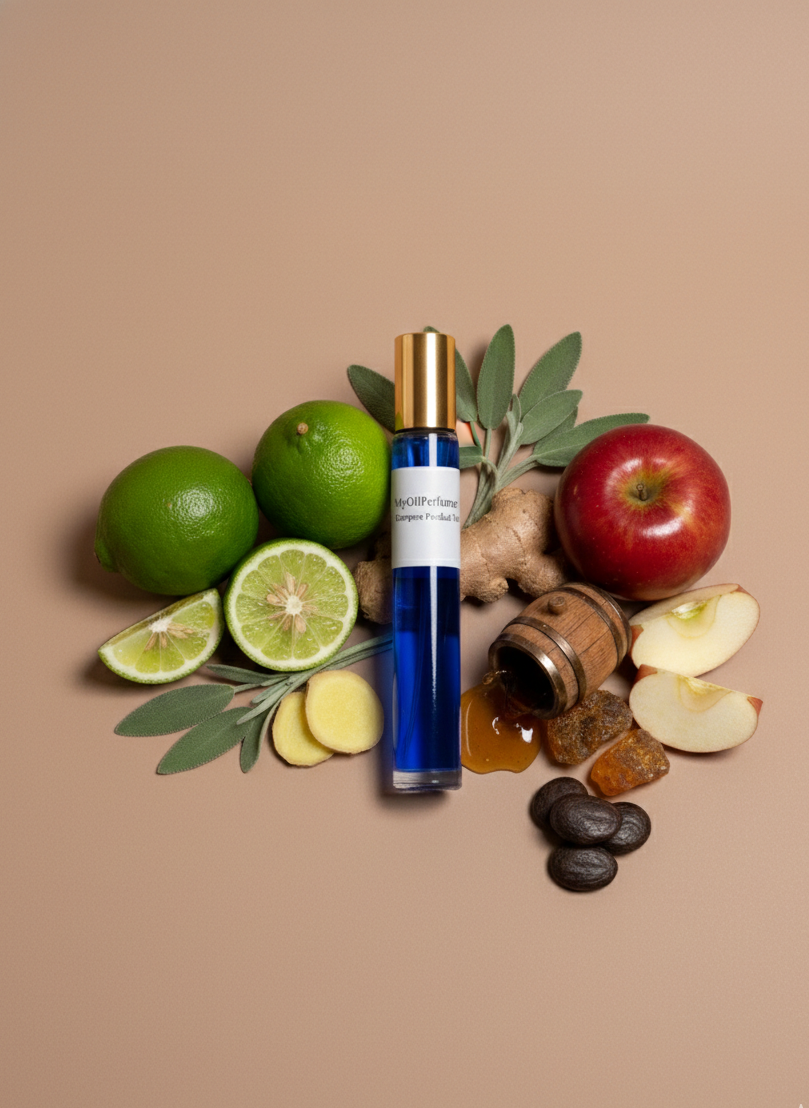 Perfume bottle with ingredients like limes, apples, and spices on a beige background