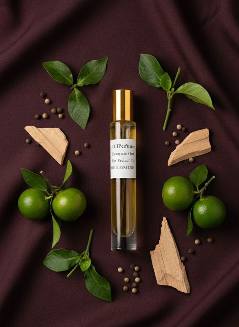 Perfume bottle with green leaves and fruits on a brown fabric background