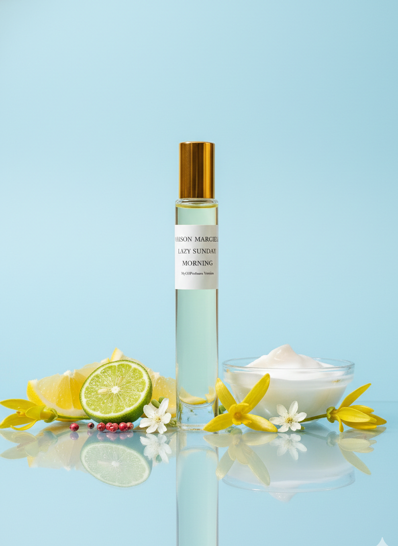 Perfume bottle with flowers and a bowl on a light blue background