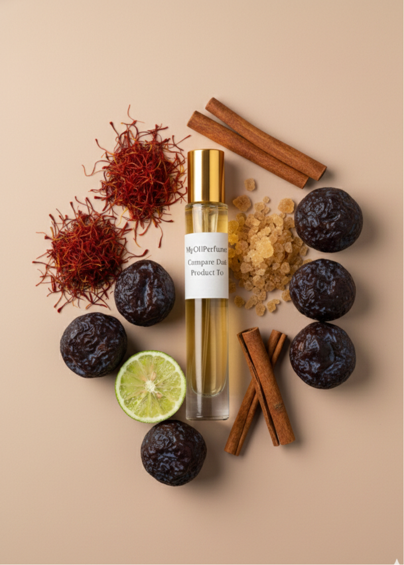 Perfume bottle with saffron, cinnamon sticks, dried fruits, and lime on a beige background
