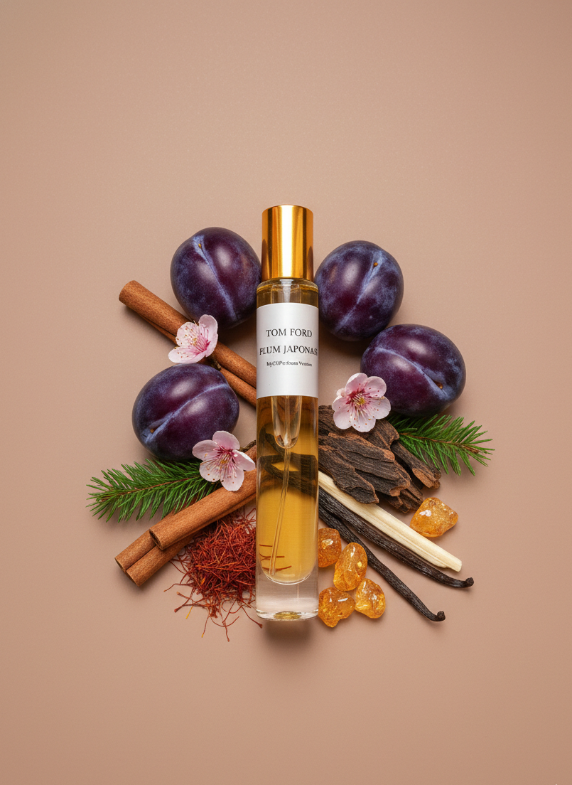 Perfume bottle with ingredients on a beige background