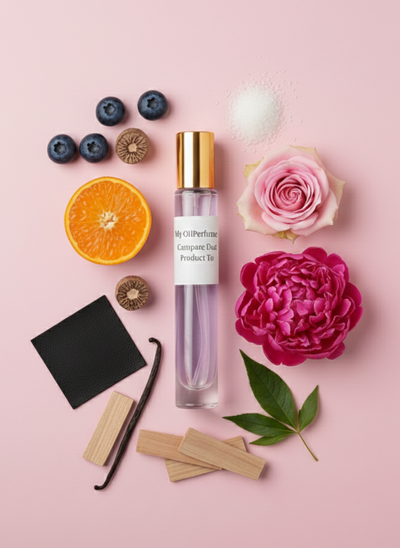 Perfume bottle with flowers, fruits, and leaves on a pink background