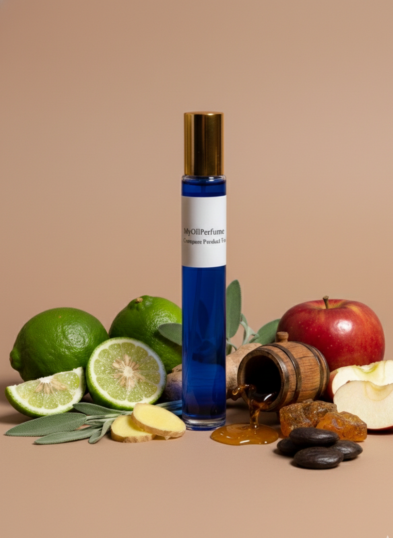 Blue perfume bottle with ingredients like apples, limes, and a wooden barrel on a beige background