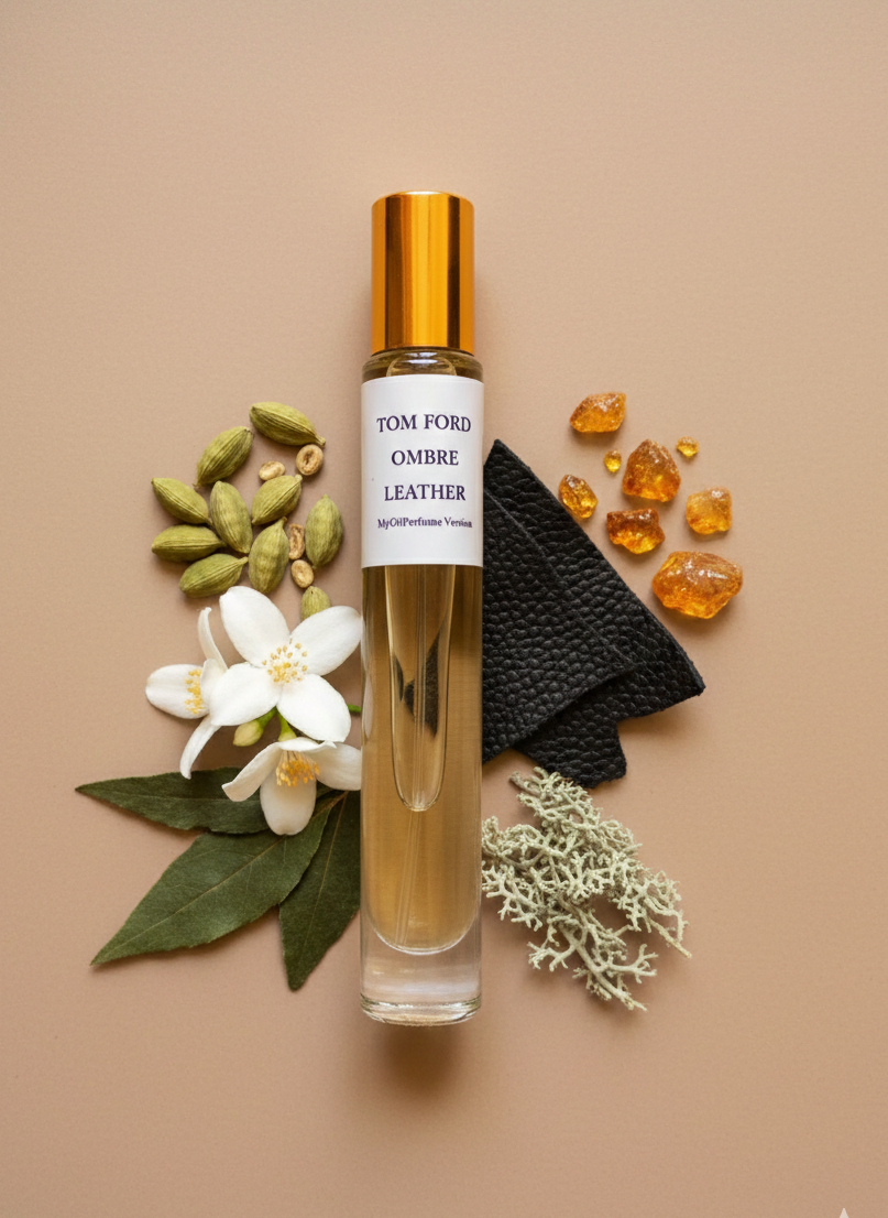 MyOilPerfume compare product to Ombre Leather perfume bottle with flowers, leaves, and amber on a beige background